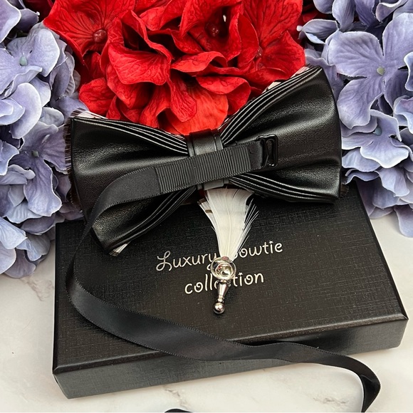 Handmade Black and White Feather Bow Tie Boutonnière Lapel Pin Set - Picture 11 of 16